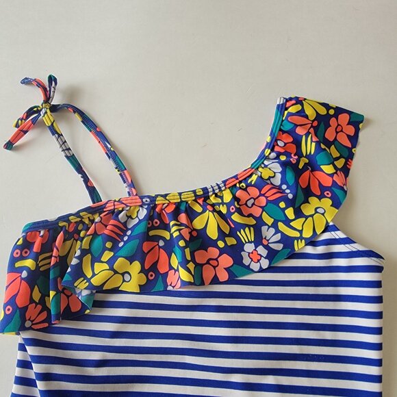 Cat & Jack Girls One Piece Swimsuit Size L 10-12 Floral Ruffle Blue White Stripe - Picture 7 of 10